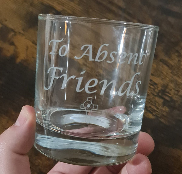 Engraved 'to absent friends' whiskey Tumbler Glass 330ml sandblasted - poppy cross