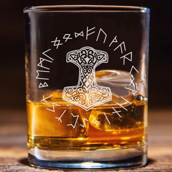 Viking Norse Thors Hammer / Vegvisir symbol viking compass - Engraved Tumbler Whiskey Glass old fashioned style Tumbler Glass 330ml low ball