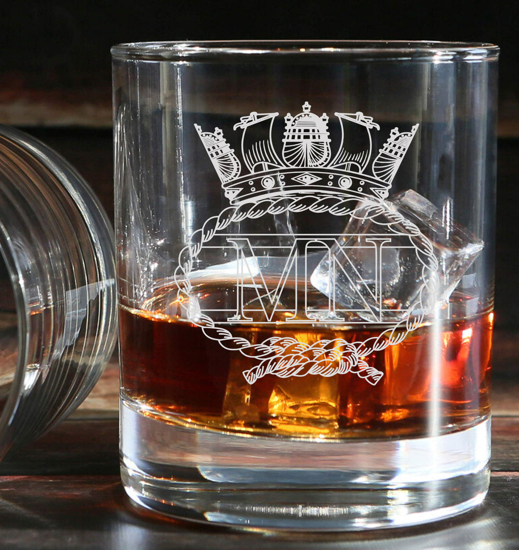 Merchant Navy - Engraved Tumbler Whiskey Tumbler Glass 330ml - we can do any design - low ball / old fashioned style