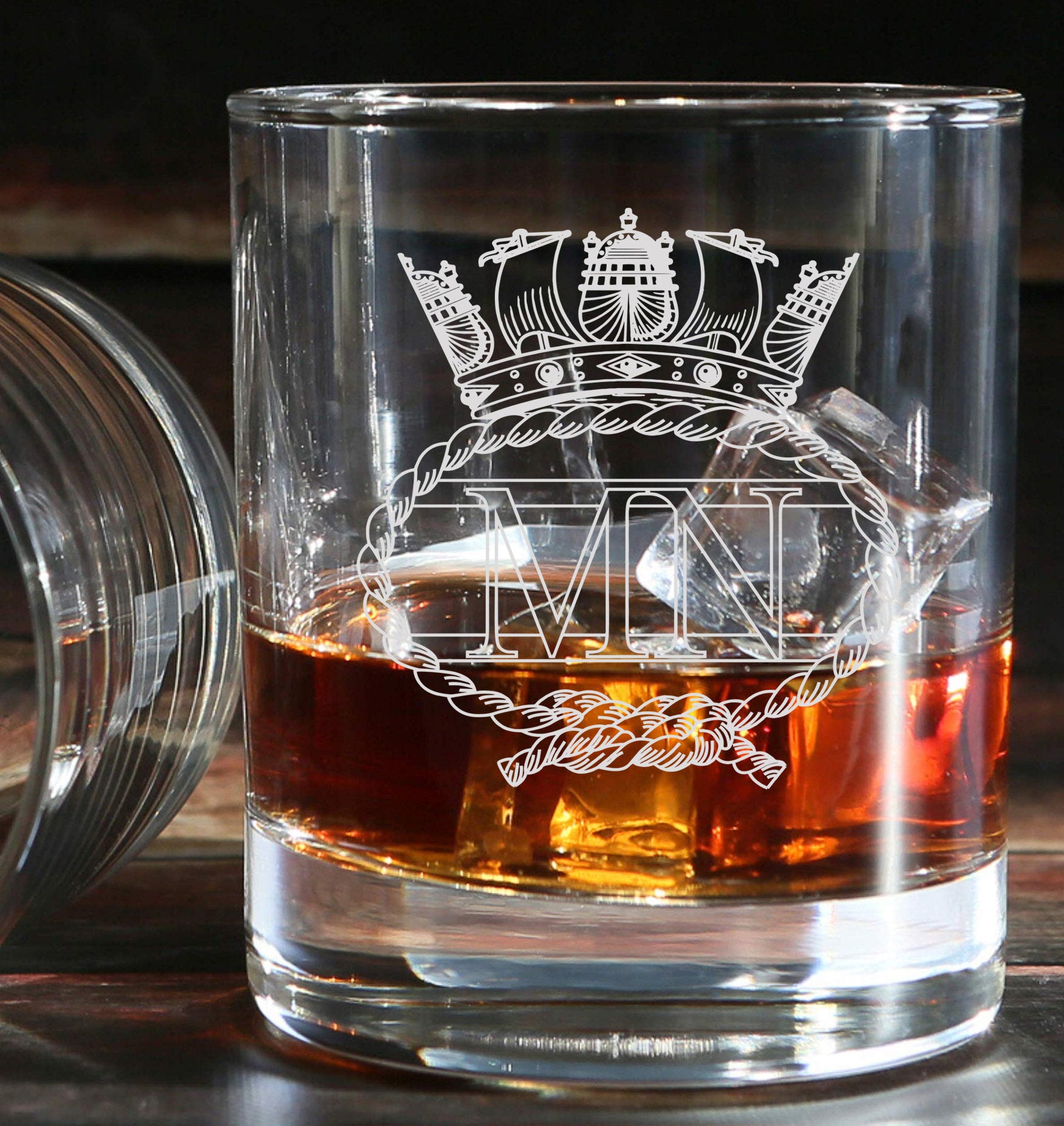 Merchant Navy - Engraved Tumbler Whiskey Tumbler Glass 330ml - we can do any design - low ball / old fashioned style