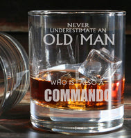 Never Underestimate an old man who is also a Commando - Engraved Whiskey Tumbler Glass 330ml - army / navy / royal marines