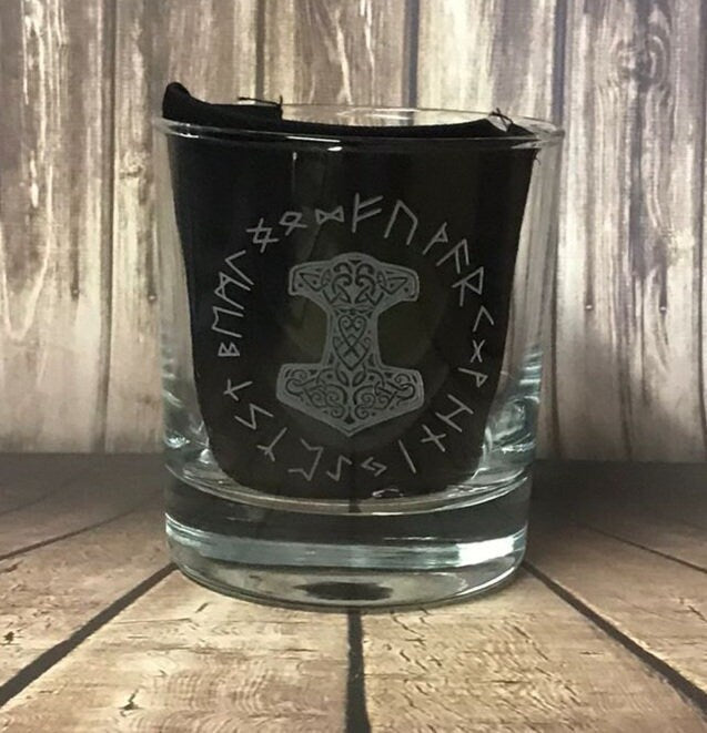 Viking Norse Thors Hammer / Vegvisir symbol viking compass - Engraved Tumbler Whiskey Glass old fashioned style Tumbler Glass 330ml low ball