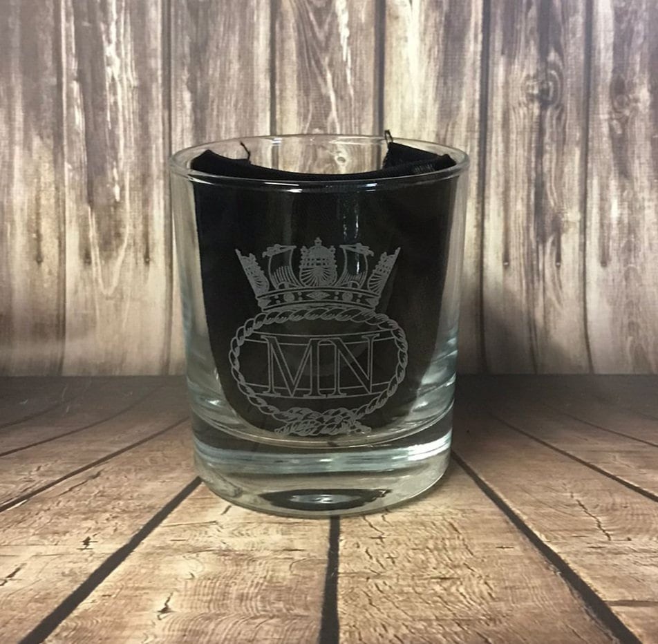Merchant Navy - Engraved Tumbler Whiskey Tumbler Glass 330ml - we can do any design - low ball / old fashioned style