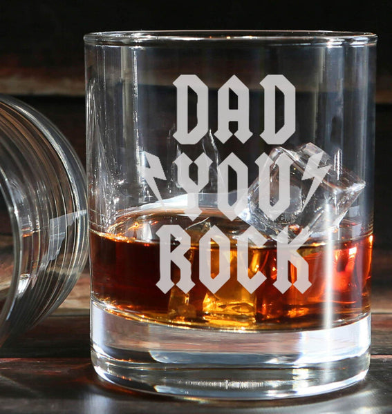 Dad You Rock - Engraved Whiskey Tumbler Glass 330ml - we can engrave any design - spoof dad / daddy fathers gift