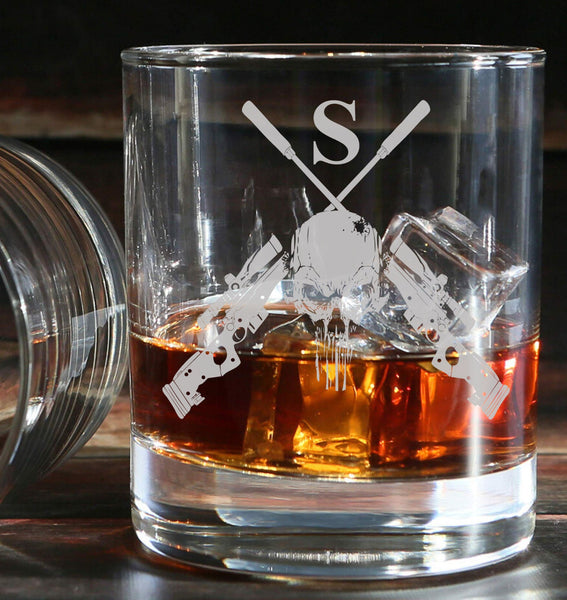 Sniper crossed rifles with punisher style skull - Engraved Whiskey Tumbler Glass 330ml - we can engrave any design -