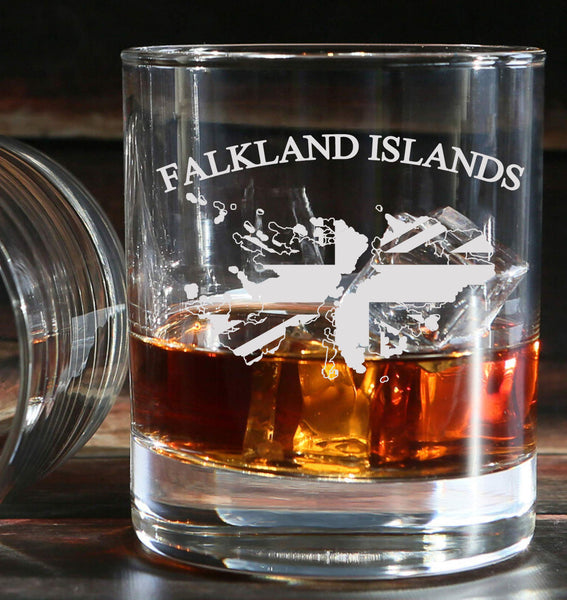 Falkland islands union jack design - Engraved Whiskey old fashioned Tumbler Glass 330ml - we can engrave any design - low ball mixer