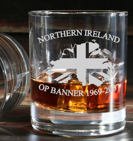 Northern Ireland Op Banner 1969-2007 union jack design - Engraved Whiskey old fashioned Tumbler Glass 330ml - we can engrave any design