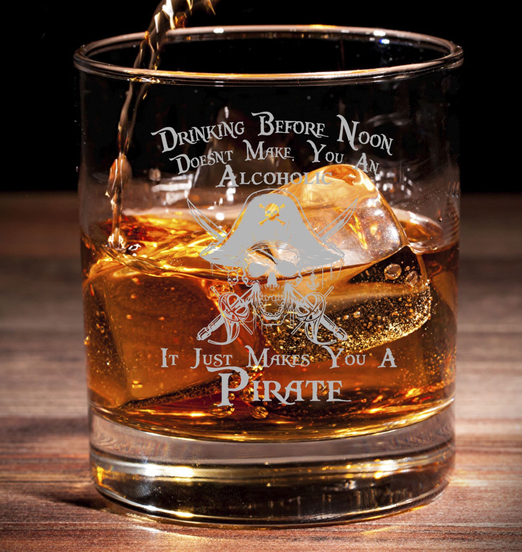 Drinking before noon - alcoholic / rum /pirate - Engraved Tumbler Whiskey Glass old fashioned style Tumbler Glass 330ml