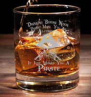 Drinking before noon - alcoholic / rum /pirate - Engraved Tumbler Whiskey Glass old fashioned style Tumbler Glass 330ml
