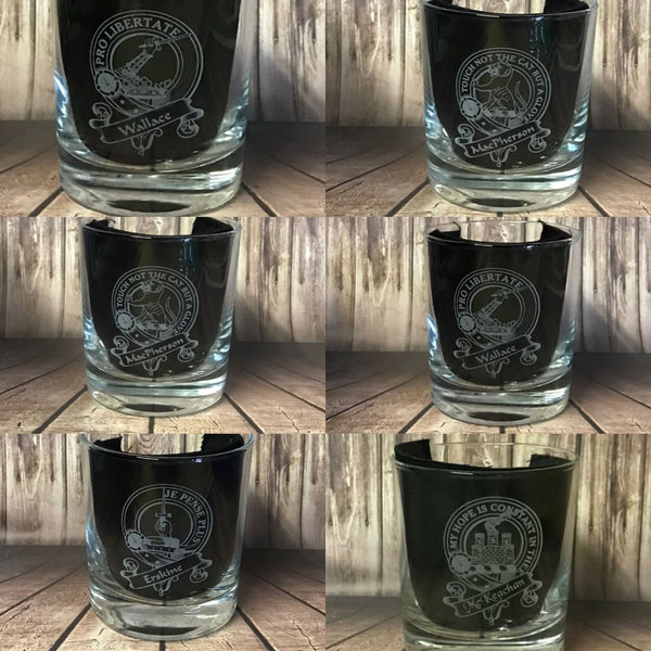 Scottish Clan Crest / family crest - Engraved Whiskey Tumbler Glass 330ml - we can engrave any design