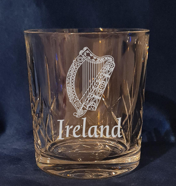 Ireland / Eire / Irish / Gaelic Harp - Engraved High Quality Heavy Sword cut pattern crystal whiskey Tumbler Glass 320ml