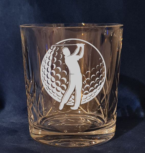 Golf logo / sports / logo / motif- Engraved High Quality Heavy Sword cut pattern crystal whiskey Tumbler Glass 320ml