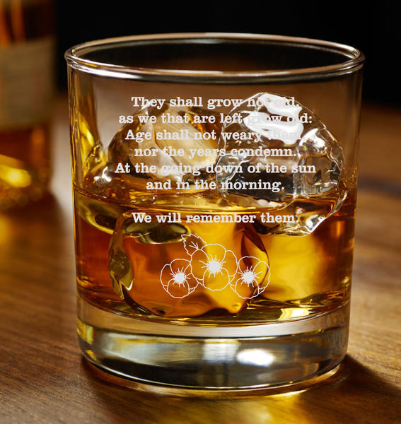 Ode to Remembrance / poppy / we will remember them / Engraved whiskey Tumbler Glass 330m