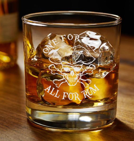 All For One, One For Rum / logo / motif - Engraved Etched whiskey Tumbler Glass 330ml