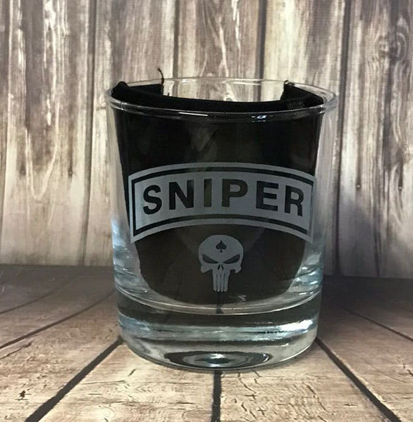 Sniper Tab/ Punisher skull / Ace of spades - Engraved Whiskey Tumbler Glass 330ml - we can engrave any design - Army /infantry