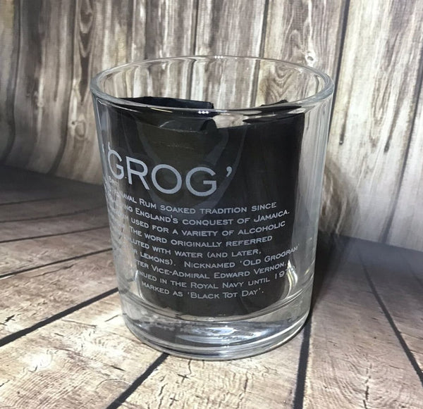 Royal Navy GROG / The story / History / Recipe - Engraved Whiskey Tumbler Glass 330ml - we can engrave any design - rum - quart -ration