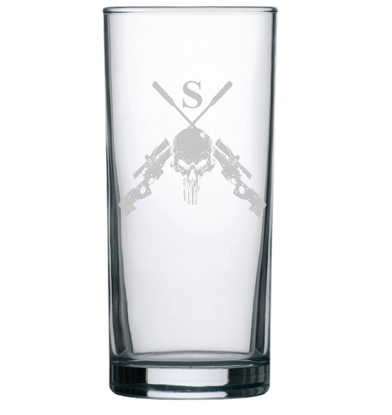 Sniper/ Punisher Skull / crossed rifles - Engraved Hi Ball / Tall Tumbler / tall mixer Glass 290ml -army / navy / raf