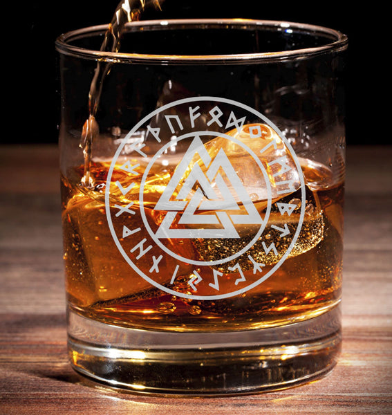 Norse Valknut viking wayfinder rune design- Engraved Tumbler Whiskey Tumbler Glass 330ml - we can do any design - old fashioned style