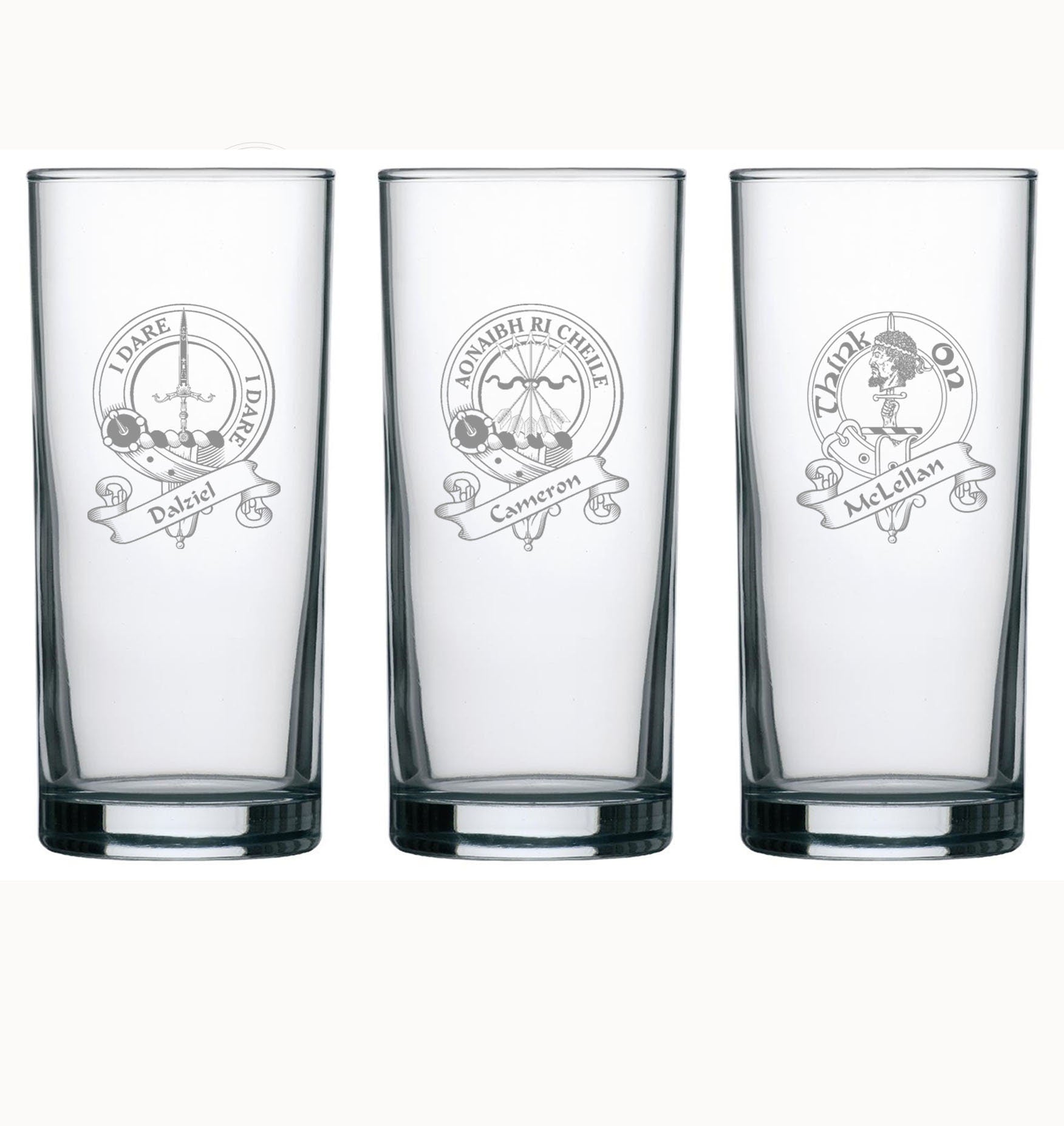 scottish clan crest / family coat of arms - Engraved Hi Ball / Tall Tumbler/ tall mixer Glass 290ml - we can engrave any design -