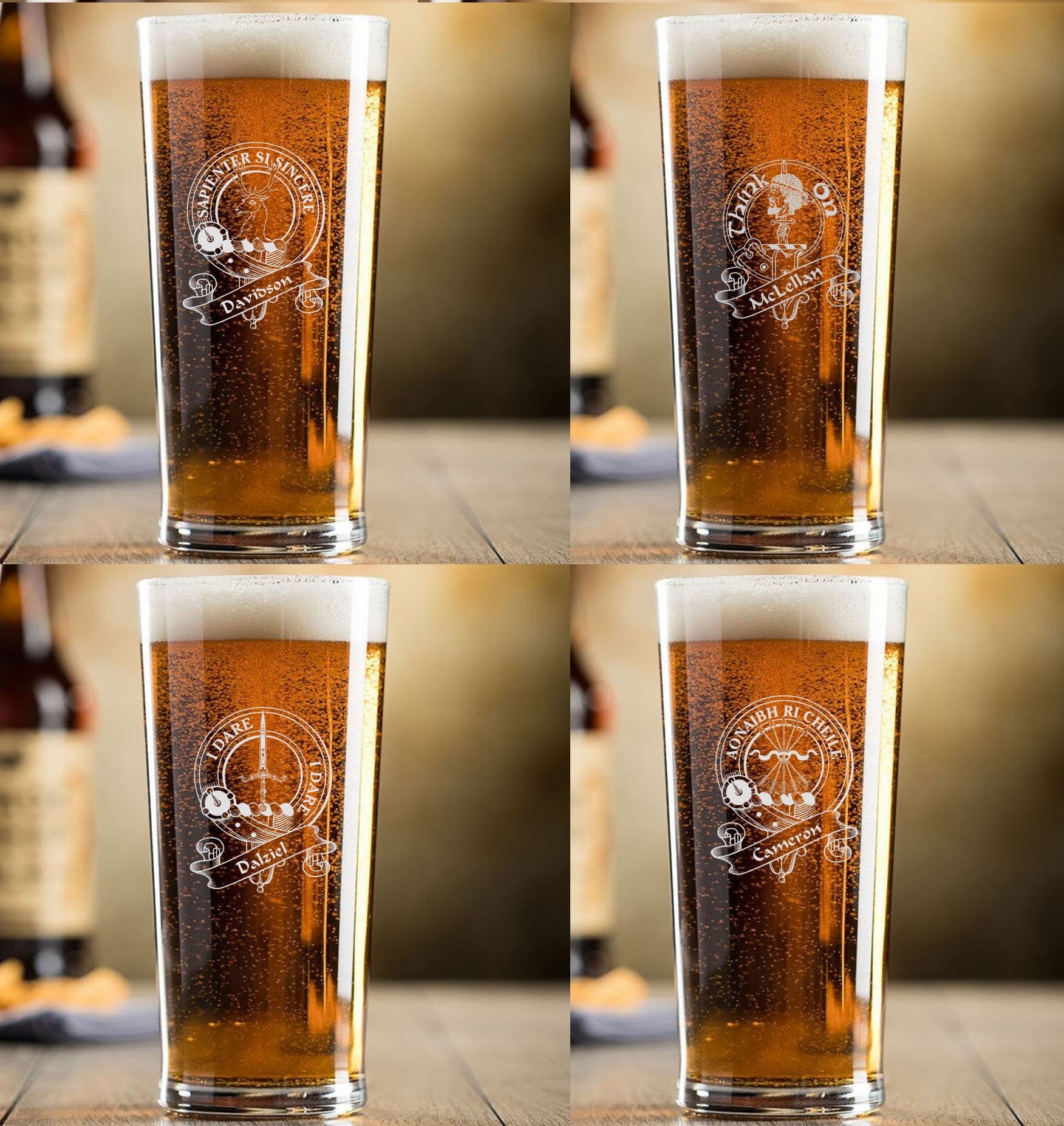 Scottish clan crest / family motto - Engraved Contemporary Slim Conical Pint Glass 570ml - Free Engraving / Your Design engraved sandblast -