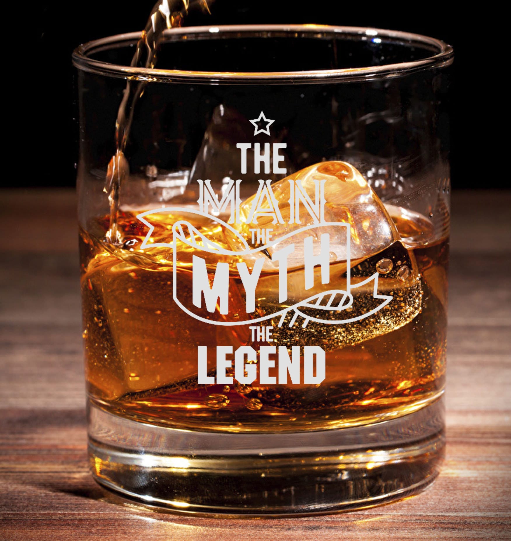 The Man The Myth The Legend / logo / motif - Engraved Etched whiskey Tumbler Glass 330ml