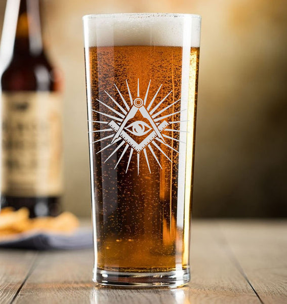 All Seeing Eye / Freemason / Masonic / Mason - Engraved Contemporary Slim Conical Pint Glass 570ml -