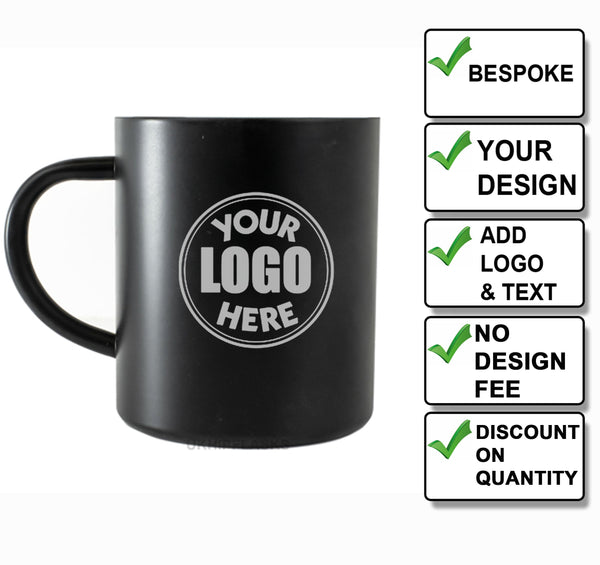 Engraved Stainless Steel Black Powder Coated Thermal Mug 400ml - choose your design