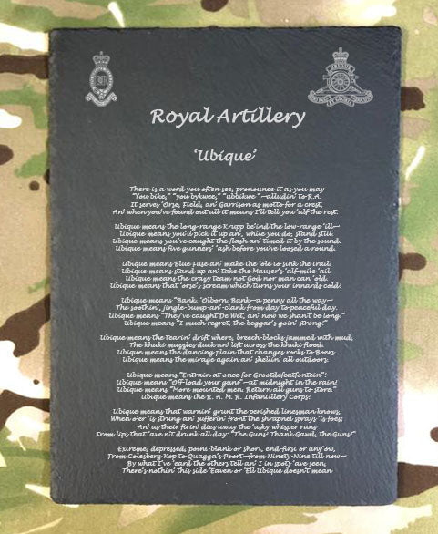 Royal Artillery RA / Royal Horse Artillery RHA „UBIQUE“ – gravierte Schiefertafel, personalisierbar – Streitkräfte Ihrer Majestät – Rechteck, 200 mm x 300 mm